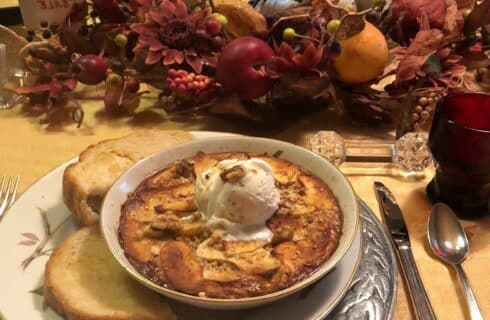 Baked Oatmeal served in the dining room at The Queen, A Victorian Bed and Breakfast in Bellefonte, PA. Gourmet, steel cut oats, topped with ice cream and maple syrup!