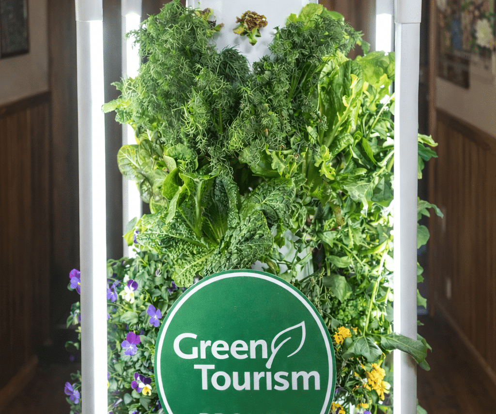 Hydroponic food tower featuring the Green Tourism Bronze Award at The Queen in Bellefonte